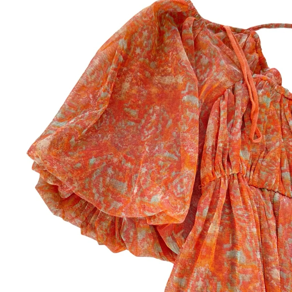 NWT Free People Babydoll Penelope Blouse Women S Peach Floral Short Sleeves Crop